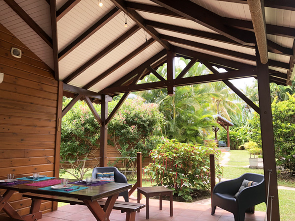 The wooden bungalows in the tropical garden